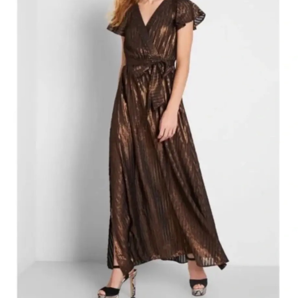 Modcloth Your Time To Shine Bronze Metallic Maxi Dress